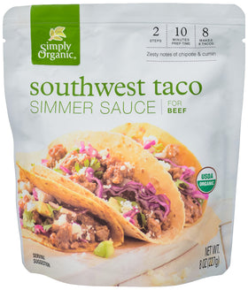 Simply Organic Southwest Taco Simmer Sauce bottle close-up showcasing rich, smoky flavor potential.