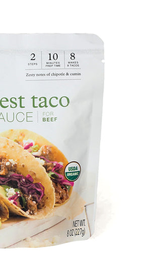 Six-pack of Simply Organic Southwest Taco Simmer Sauce pouches ready for versatile taco night prep.