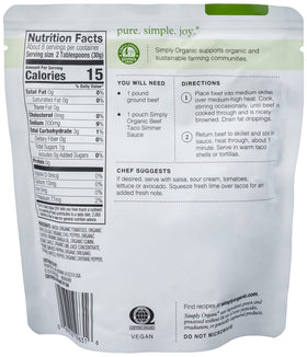 Simply Organic Southwest Taco Simmer Sauce poured over tacos for quick weeknight flavor.