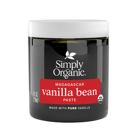 Simply Organic Vanilla Bean Paste jar with visible vanilla specks for rich baking flavor.