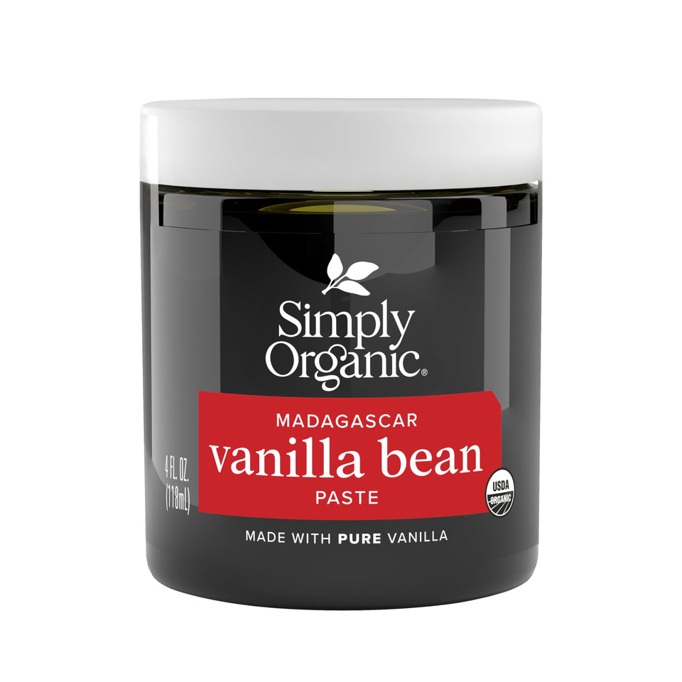 Simply Organic Vanilla Bean Paste jar with visible vanilla specks for rich baking flavor.