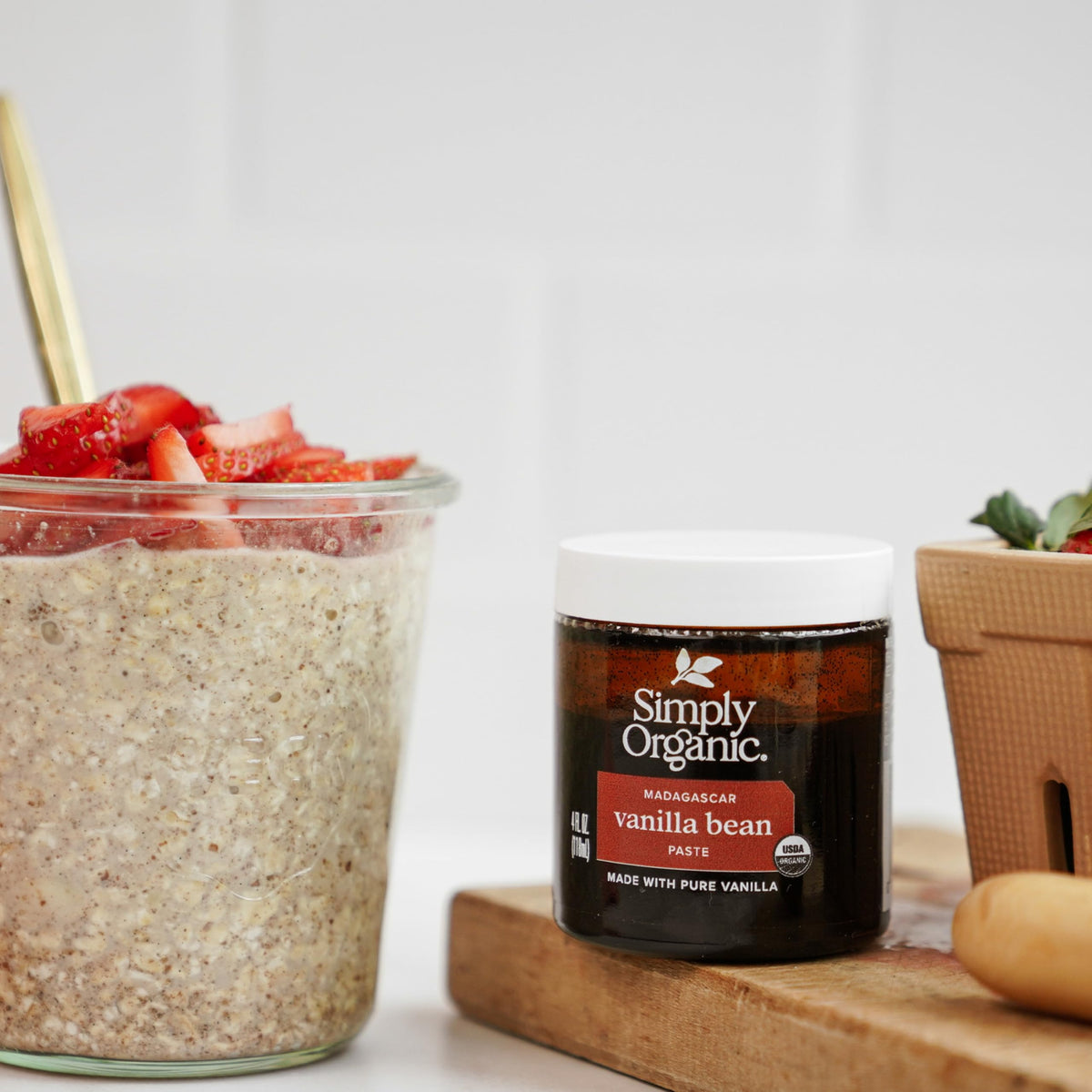 Simply Organic Vanilla Bean Paste measuring spoon-ready for measure-for-measure substitution.