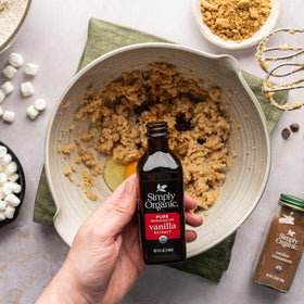 Kitchen-use shot with Simply Organic vanilla extract ready for recipes