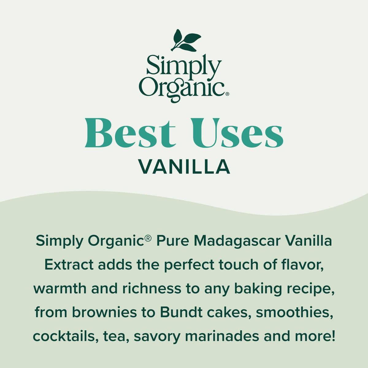 Simply Organic vanilla extract pour bottle highlighting versatile use in baking
