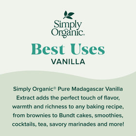 Simply Organic vanilla extract pour bottle highlighting versatile use in baking