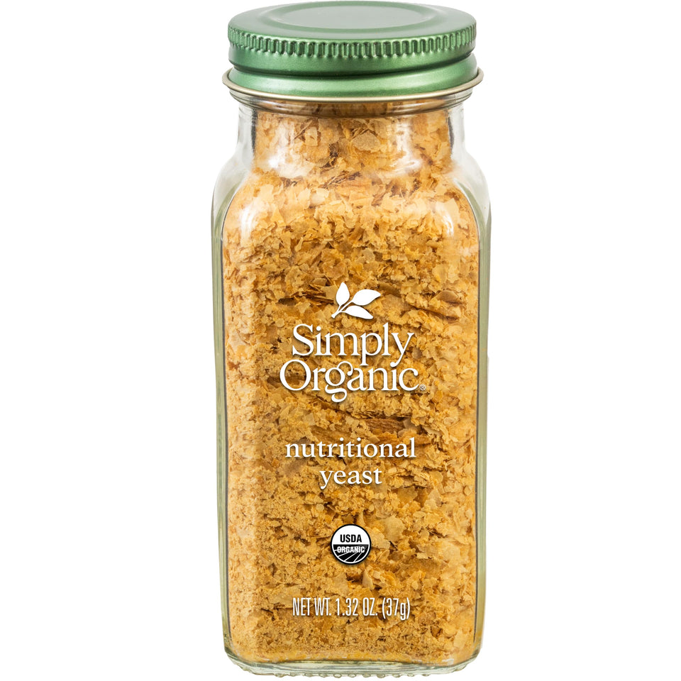 Simply Organic Nutritional Yeast bottle-pour highlights savory, cheesy flavor for toppings.