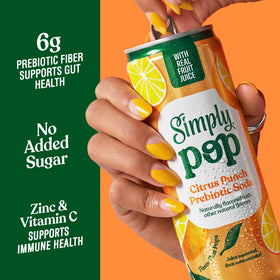 Back view of Simply POP Citrus Punch can with no added sugar messaging