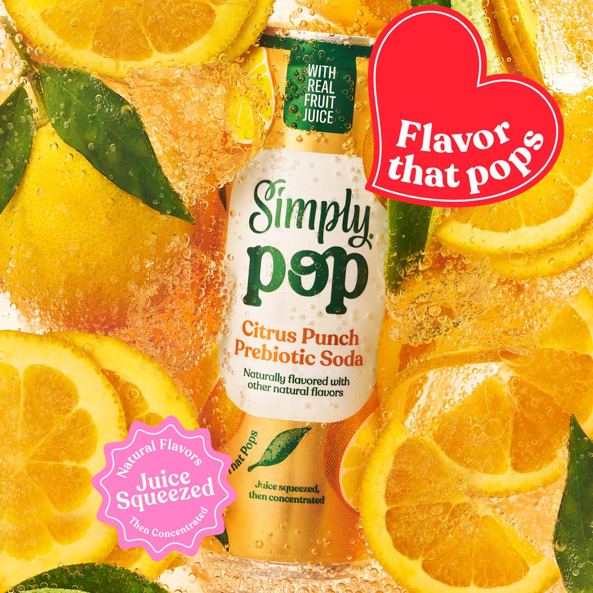 Close-up of Simply POP Citrus Punch label shows 6 g prebiotic fiber