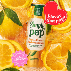 Close-up of Simply POP Citrus Punch label shows 6 g prebiotic fiber