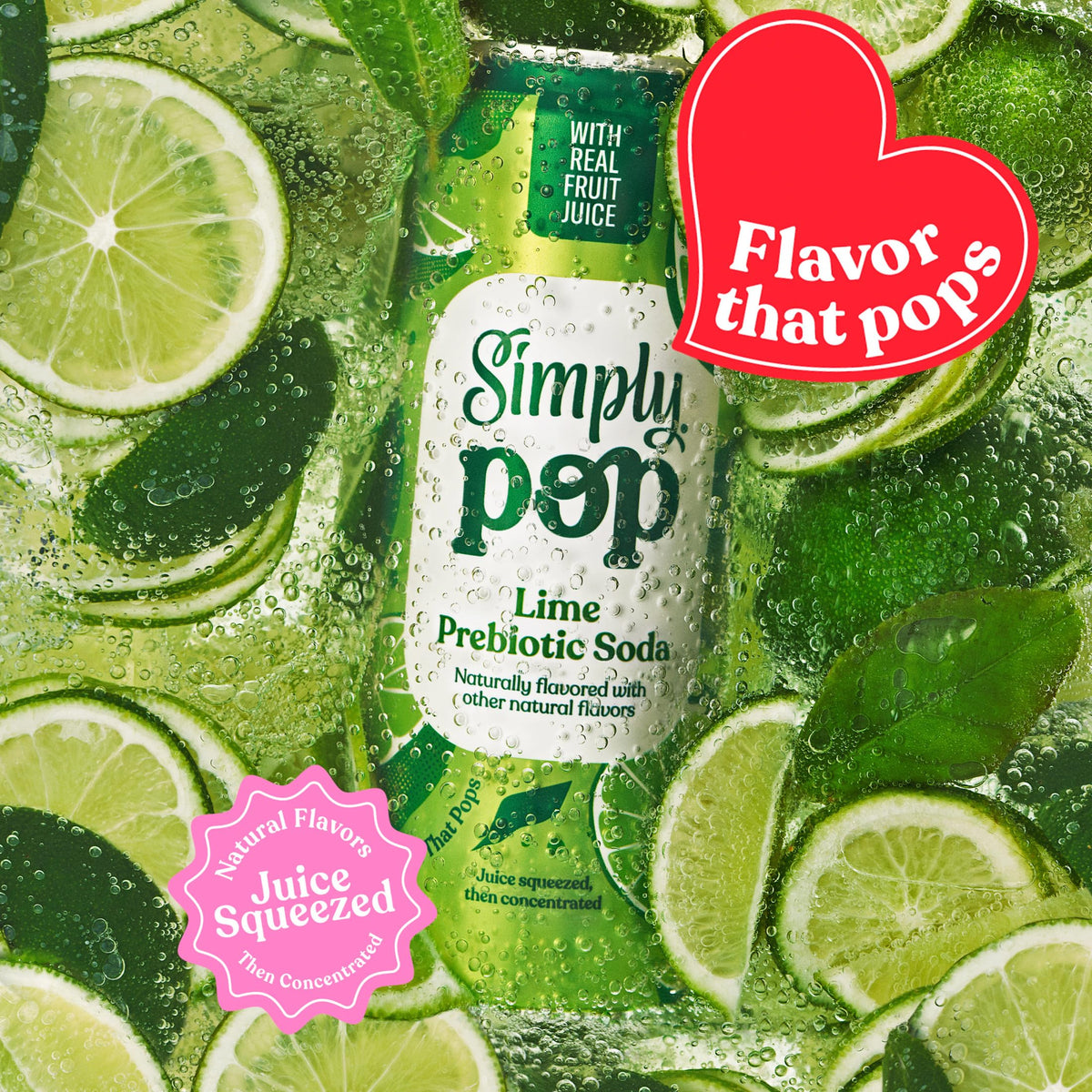 Close-up of fizz and bubbles in Simply POP Lime as it pours.