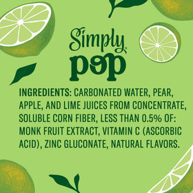 Ingredients panel shows no added sugar and monk fruit sweetness in Simply POP Lime.