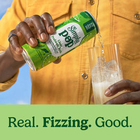 Close-up of Simply POP Lime label highlighting real fruit juice and vibrant color.
