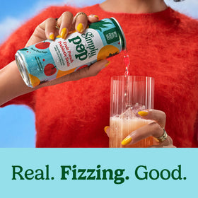 Closeup of Simply POP Fruit Punch can with no added sugar and 50 calories