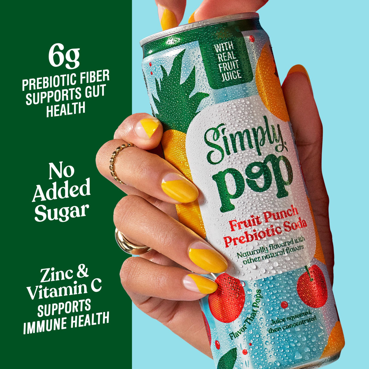 Tilted Simply POP Fruit Punch can highlighting vibrant color and prebiotic fiber