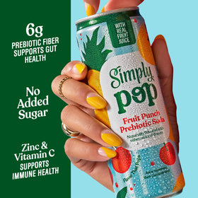 Tilted Simply POP Fruit Punch can highlighting vibrant color and prebiotic fiber