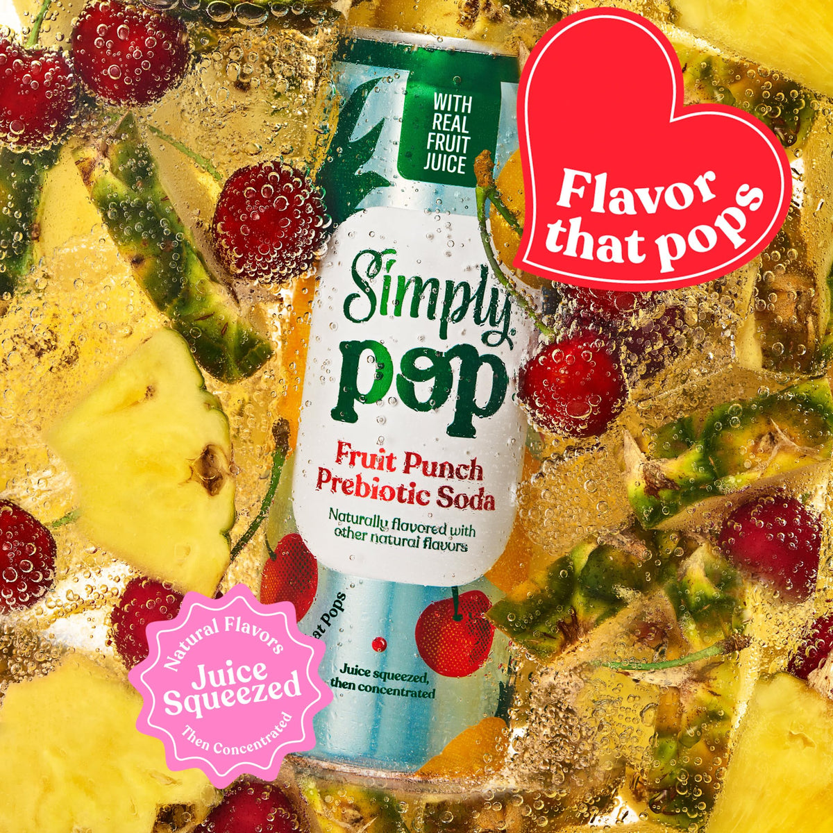 Serving glass of Simply POP Fruit Punch on ice with fruity aroma