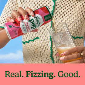 Close-up of Simply Pop Strawberry label highlighting non-GMO and real fruit juice