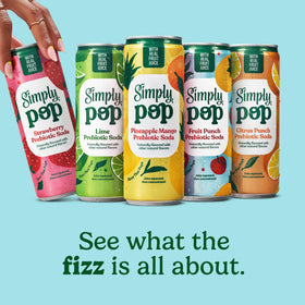 12-pack display of Simply Pop Strawberry cans on store shelf
