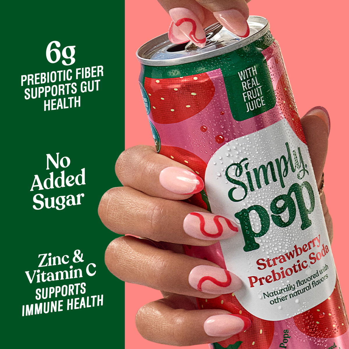 Pouring Simply Pop Strawberry into a glass with bright fizz