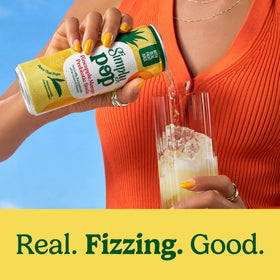 Simply POP real fruit juice label highlights no added sugar and ingredients