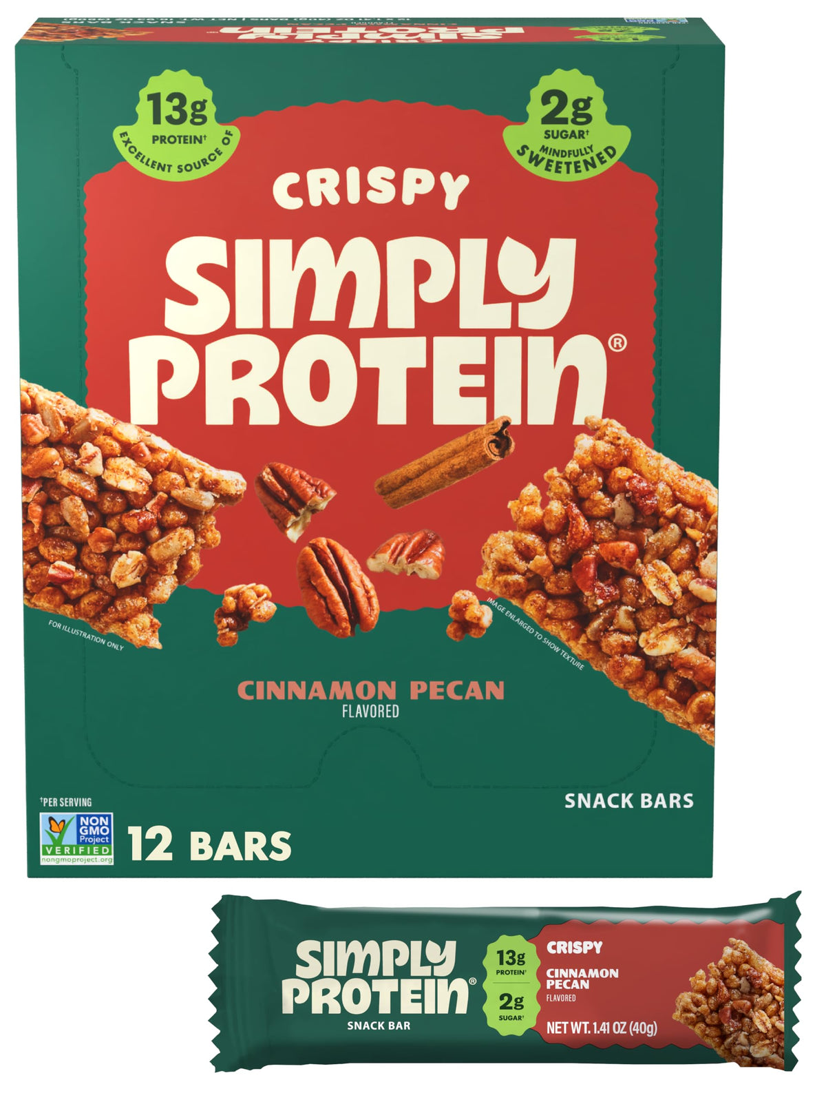 Packaging of Simply Protein Cinnamon Pecan Crispy Bar emphasizing on-the-go fuel