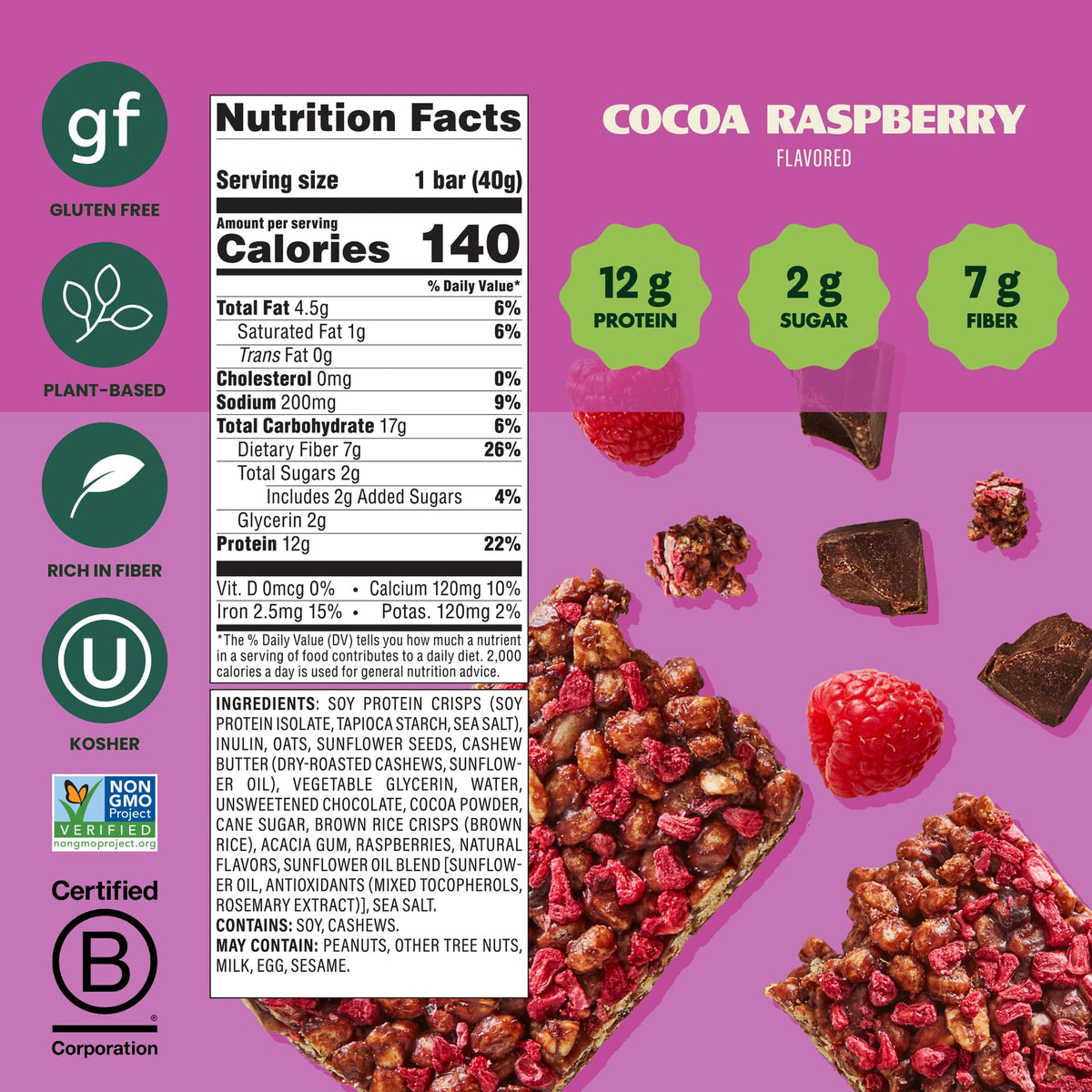 Ingredients panel highlighting plant-based, gluten-free, and non-GMO attributes.
