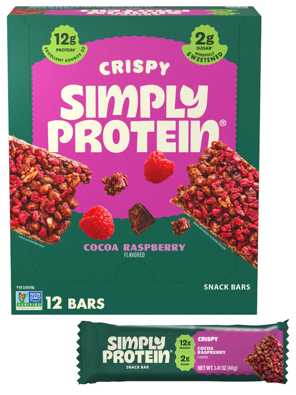 Packaging of Simply Protein Cocoa Raspberry Crispy Bar for on-the-go snacking.