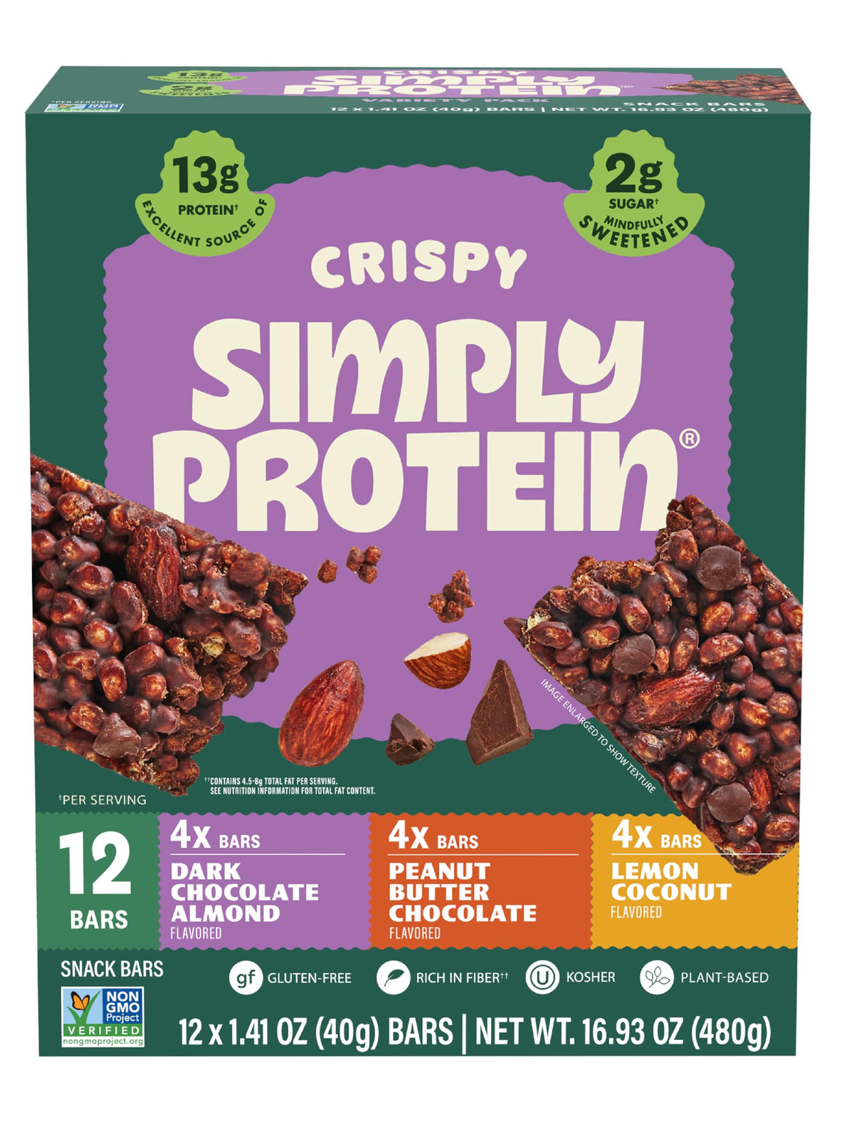 Simply Protein Crispy Bars in dark chocolate almond, a protein-packed snack for busy days