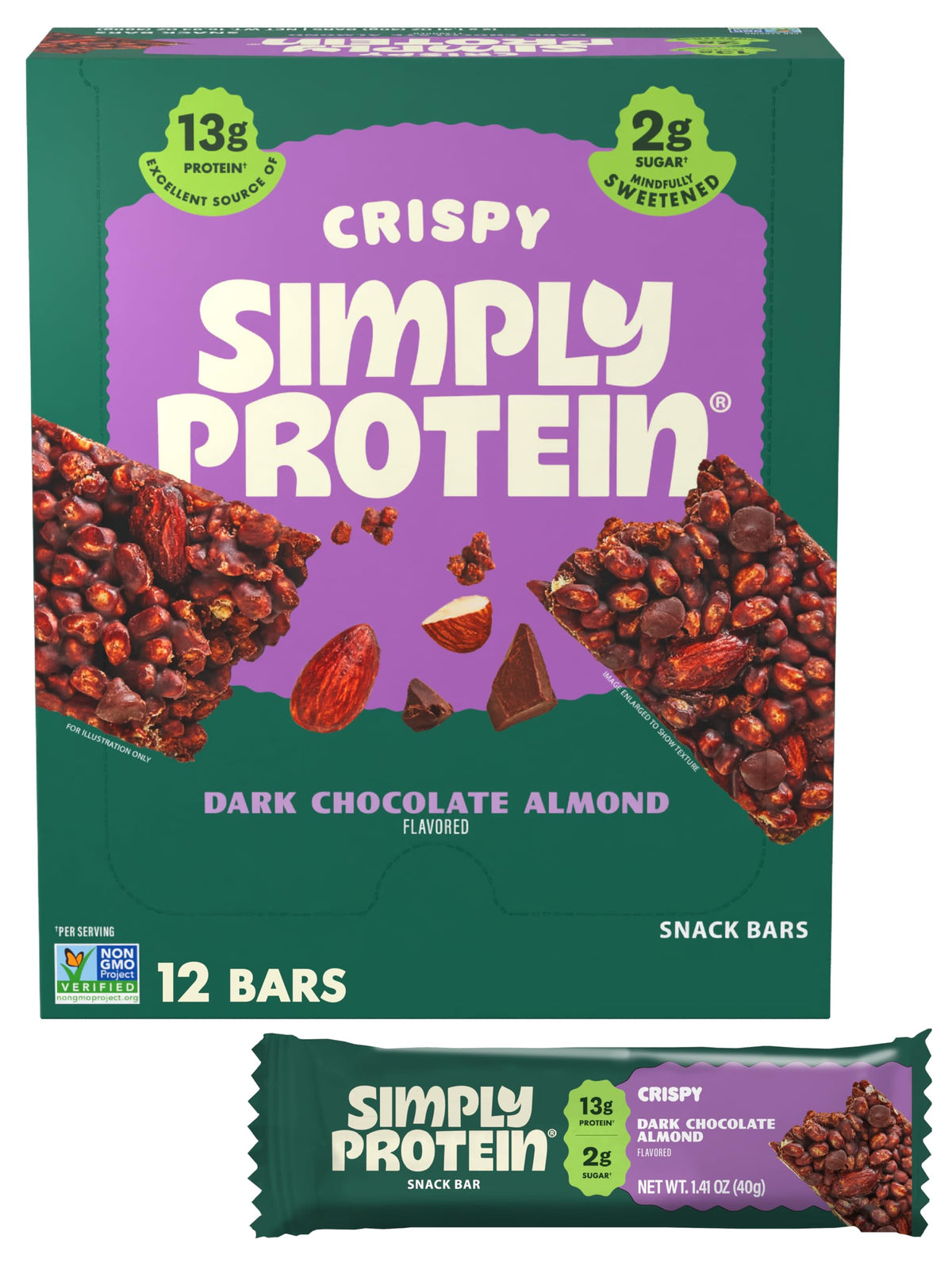 Simply Protein dark chocolate almond bars packaging, a convenient protein-packed snack.