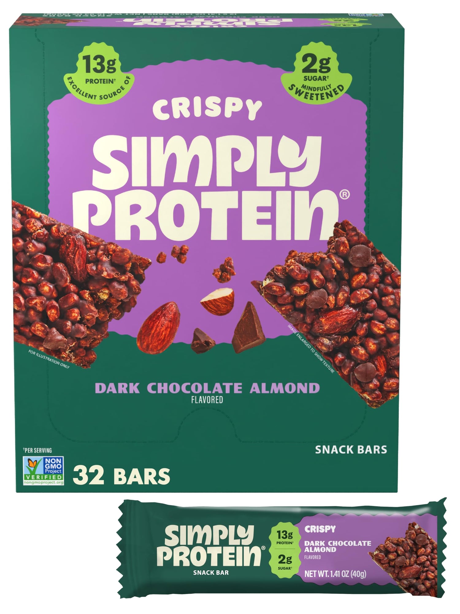 Simply Protein dark chocolate almond crispy bar packaging highlights convenient on-the-go nutrition.