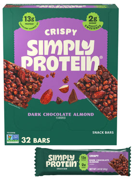 Simply Protein dark chocolate almond crispy bar packaging highlights convenient on-the-go nutrition.