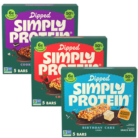 Simply Protein Dipped Bars pack shot showing variety and 15 bars.