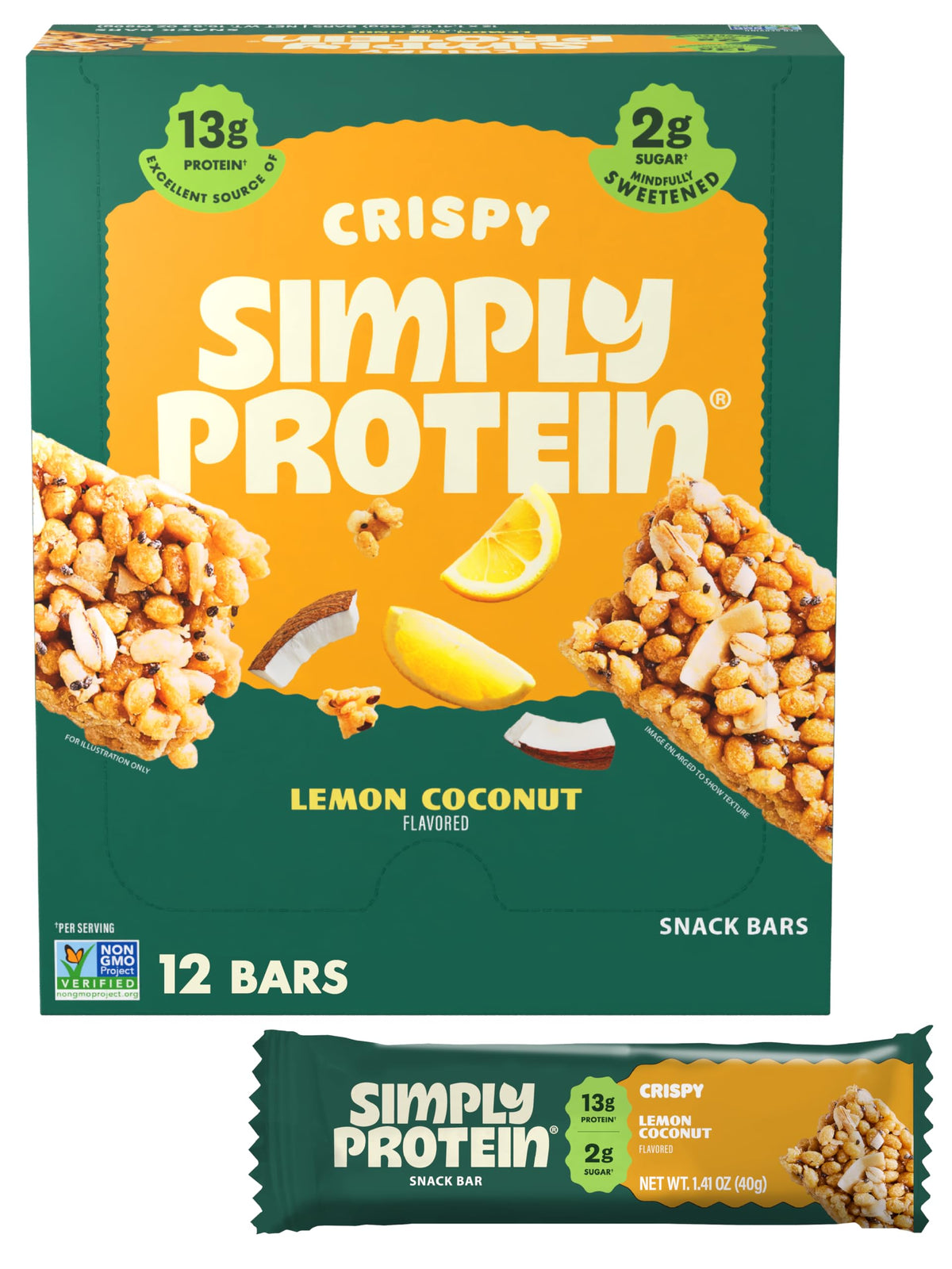 Simply Protein Lemon Coconut Crispy Bar pack shows tropical flavor and convenient snacking.