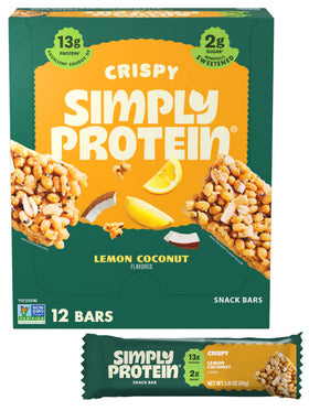 Simply Protein Lemon Coconut Crispy Bar pack shows tropical flavor and convenient snacking.