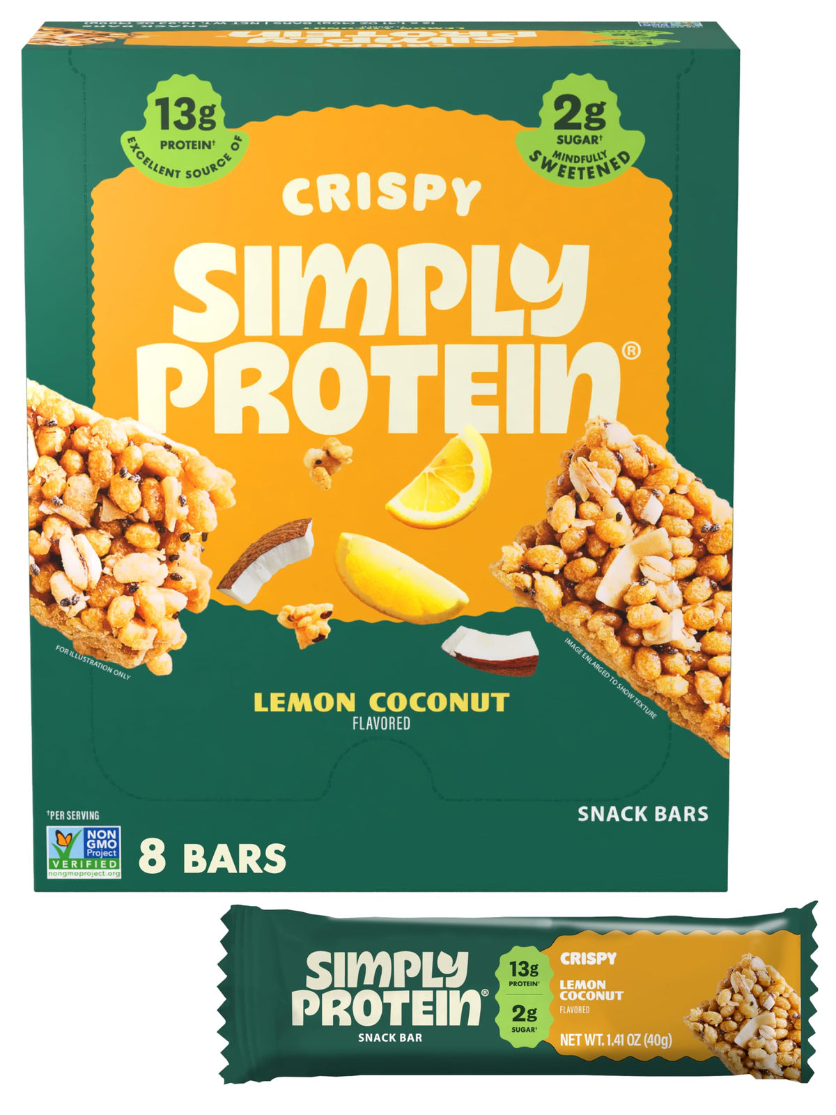 Simply Protein Lemon Coconut Crispy Bar packaging shows convenient on-the-go snack.