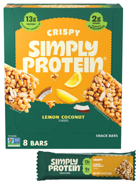 Simply Protein Lemon Coconut Crispy Bar packaging shows convenient on-the-go snack.