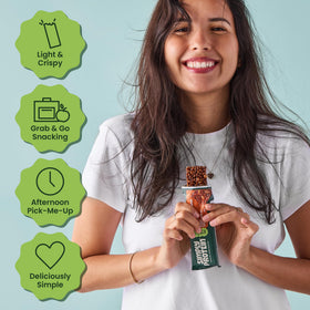 Simply Protein Lemon Coconut Crispy Bars ingredient panel highlights plant-based, gluten-free benefits