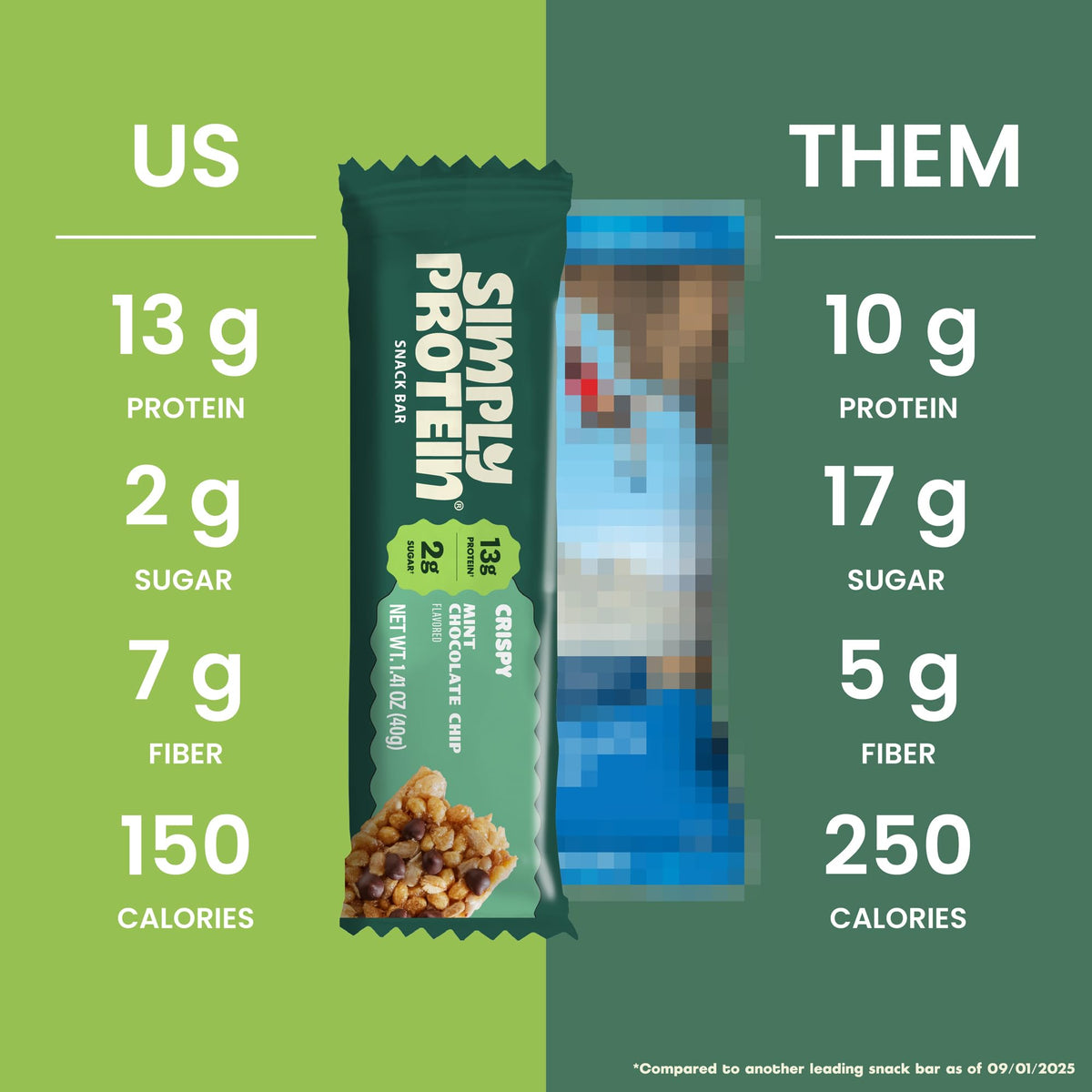 Simply Protein Mint Chocolate Chip Crispy Bar packaging highlights plant-based, gluten-free snack.