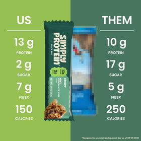 Simply Protein Mint Chocolate Chip Crispy Bar packaging highlights plant-based, gluten-free snack.