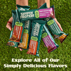 Nutrition facts emphasizing 13g protein, 2g sugar, 7g fiber per bar.