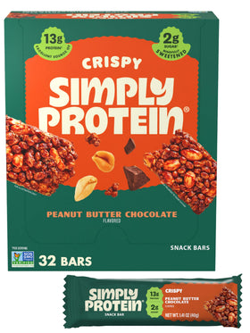 Simply Protein peanut butter chocolate crispy bar pack shot highlights on-the-go protein snack