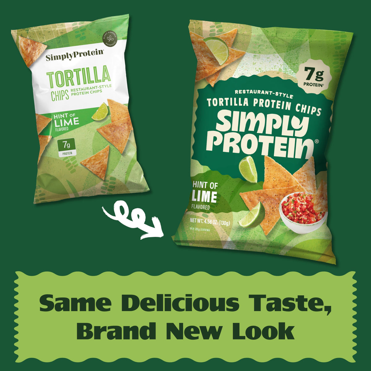 Simply Protein tortilla chips closeup, lime flavor, plant-based protein crunch