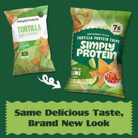 Simply Protein tortilla chips closeup, lime flavor, plant-based protein crunch