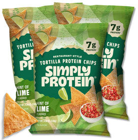 Simply Protein tortilla chips hint of lime packaging front, ideal for on-the-go snacking