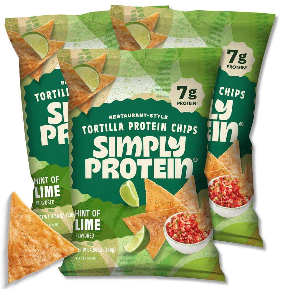 Simply Protein tortilla chips hint of lime packaging front, ideal for on-the-go snacking