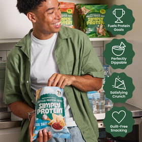 Simply Protein tortilla chips lime package side view highlighting gluten-free vegan snack