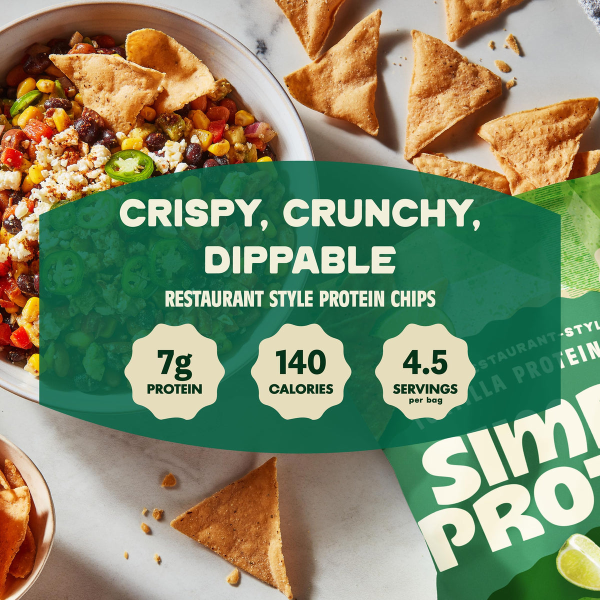 Simply Protein tortilla chips jalapeño ranch close-up crisp texture for snacking