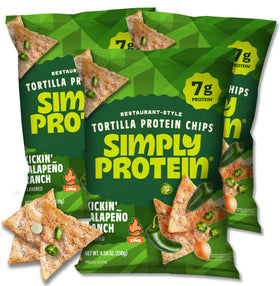 Simply Protein tortilla chips jalapeño ranch 3-pack front view for protein-rich snacking