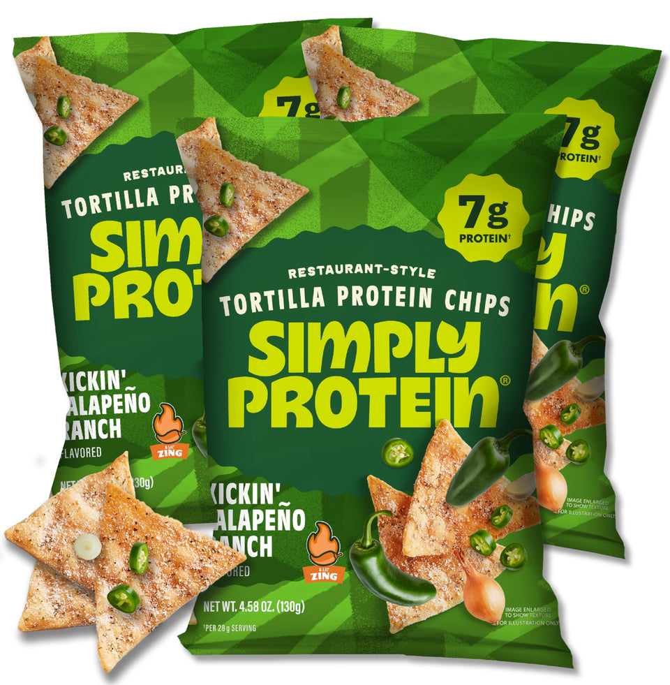 Simply Protein tortilla chips jalapeño ranch 3-pack front view for protein-rich snacking