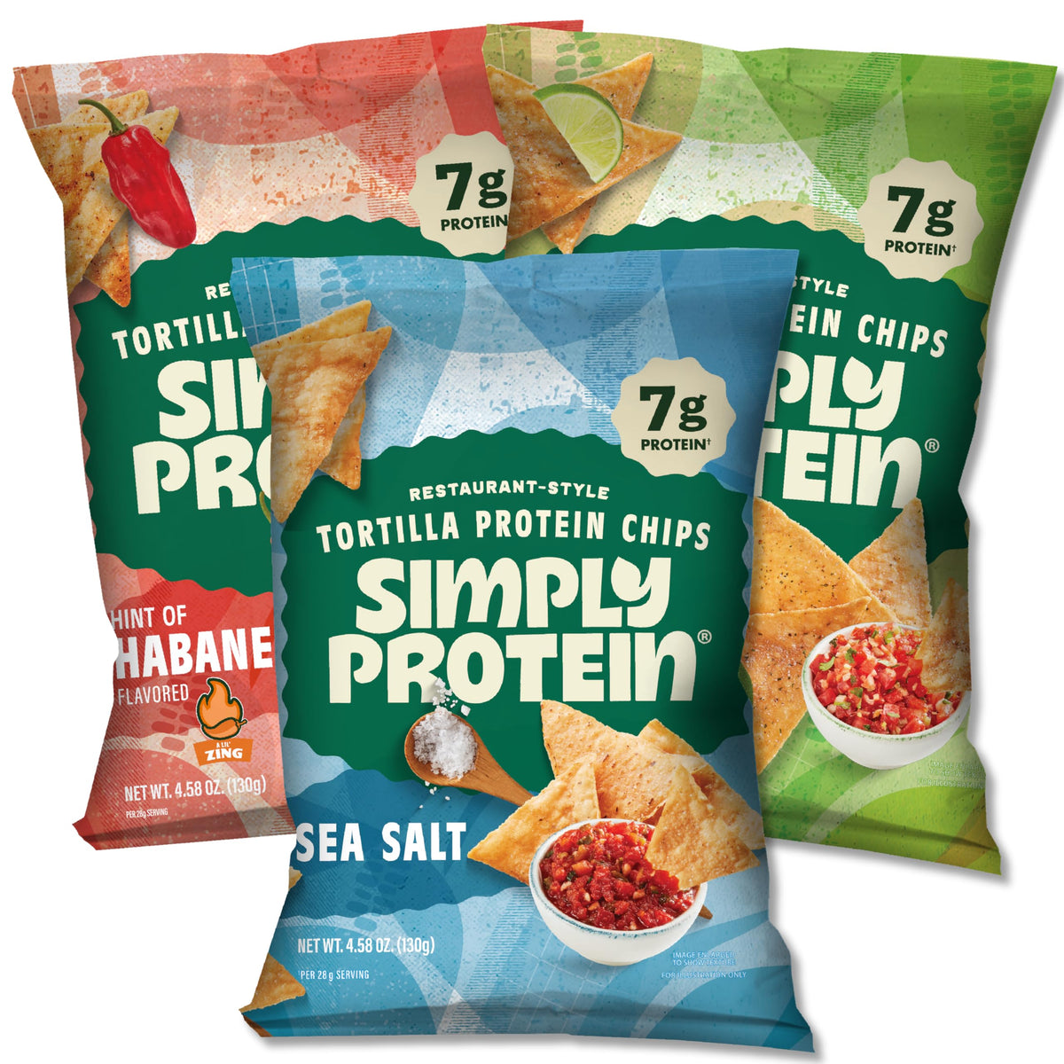 Simply Protein tortilla chips Sea Salt bag with crisp texture and protein boost for snacking